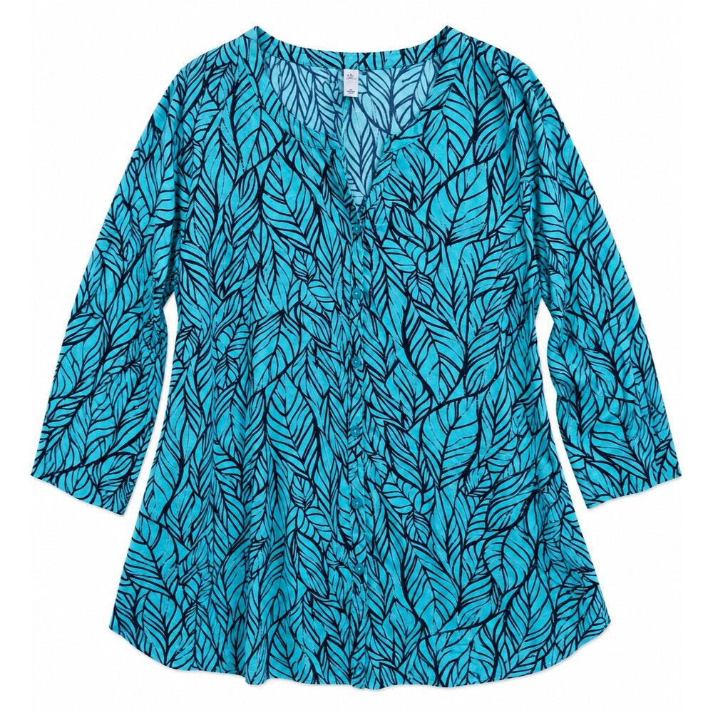 Catherines Top Size 5x Blue Leaf Print V-Neck Blouse Button Front Shirt Botanic